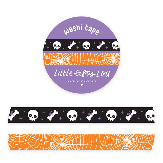 Schlankes Washi-Tape-Set mit Totenköpfen und Spinnennetz (Schwarz, Orange)