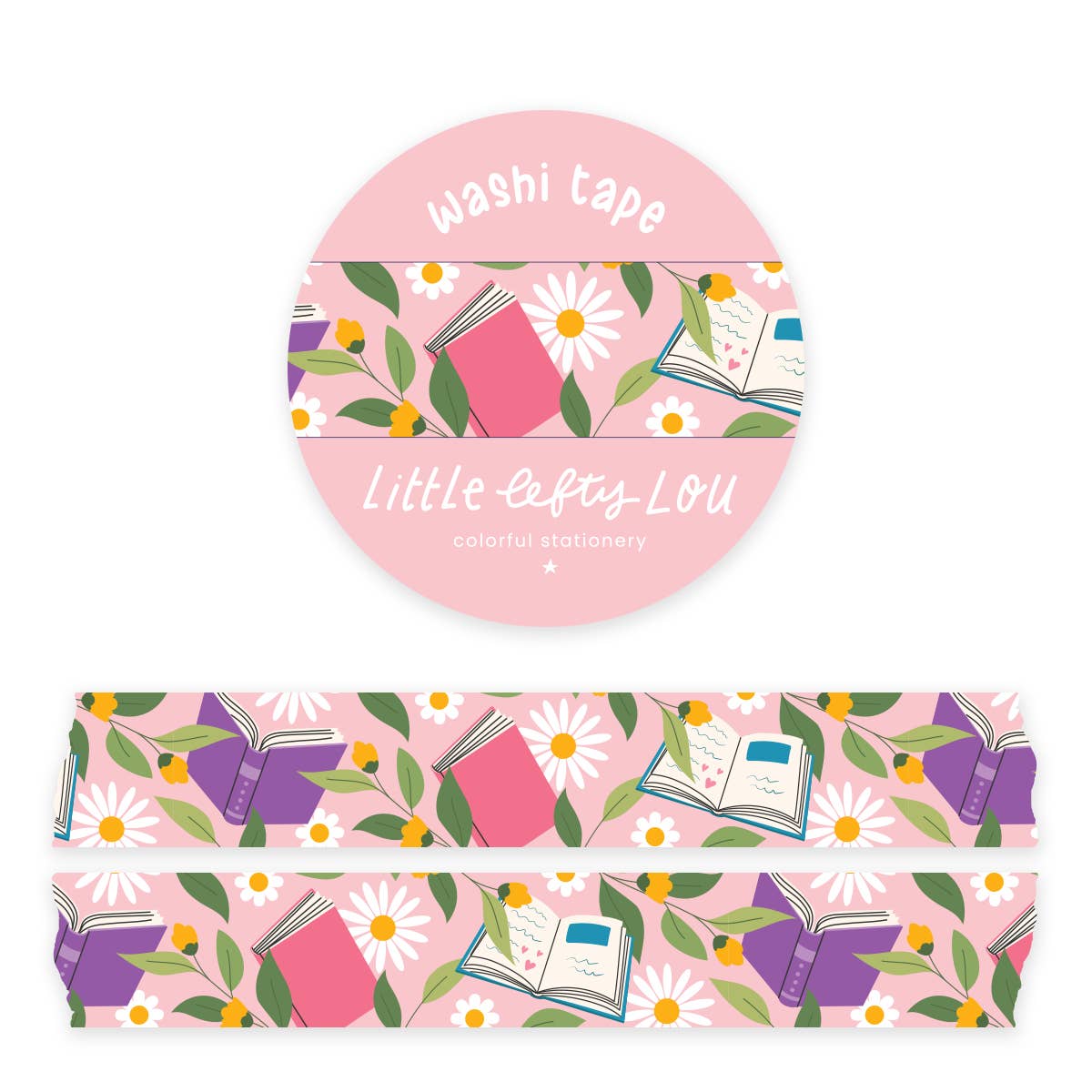Roze washi tape met boeken en bloemen